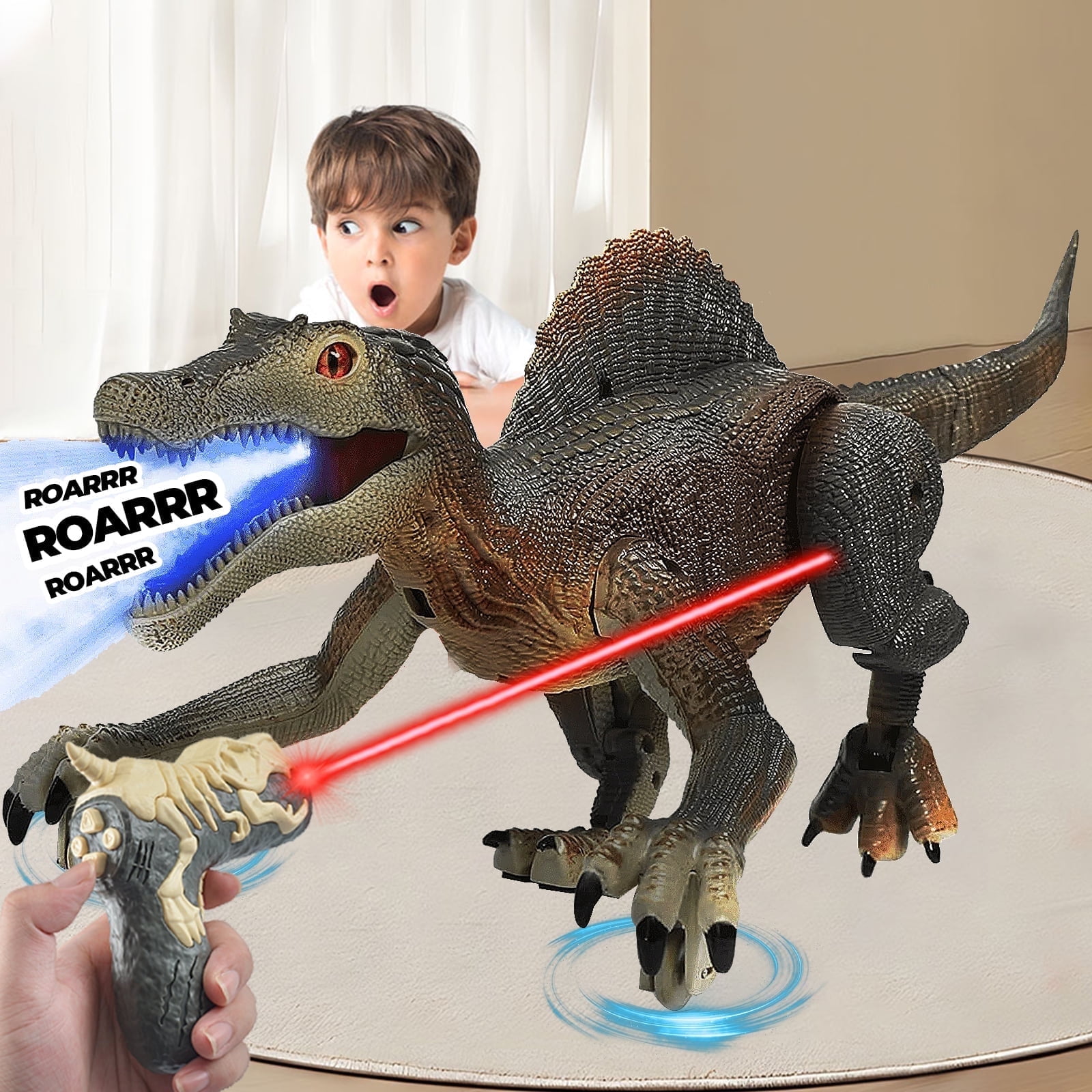URESHIIEN Remote Light Control Dinosaur,Spraying Light Chasing Velociraptor Toys,Jurassic World Dinosaur for Boys Girls Kids Birthday,Gray